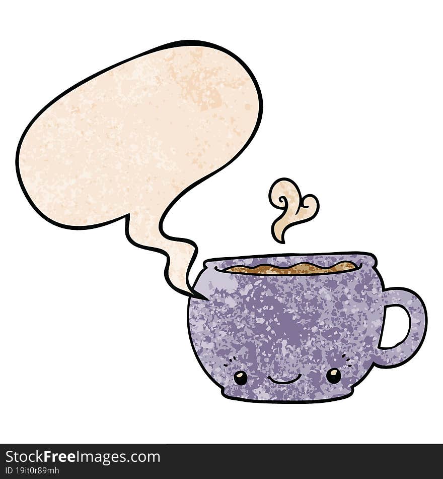 cartoon hot cup of coffee with speech bubble in retro texture style