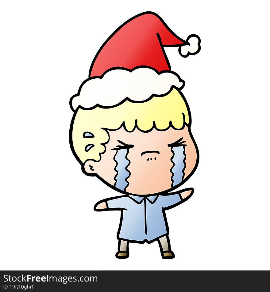 gradient cartoon of a man crying wearing santa hat