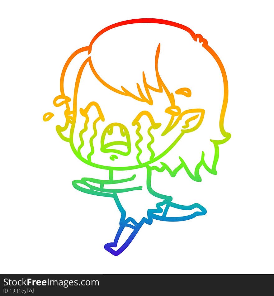 rainbow gradient line drawing cartoon crying vampire girl