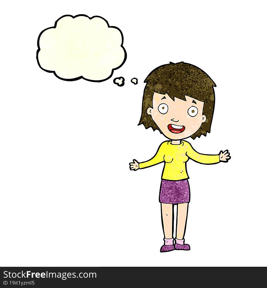 cartoon excited woman with thought bubble