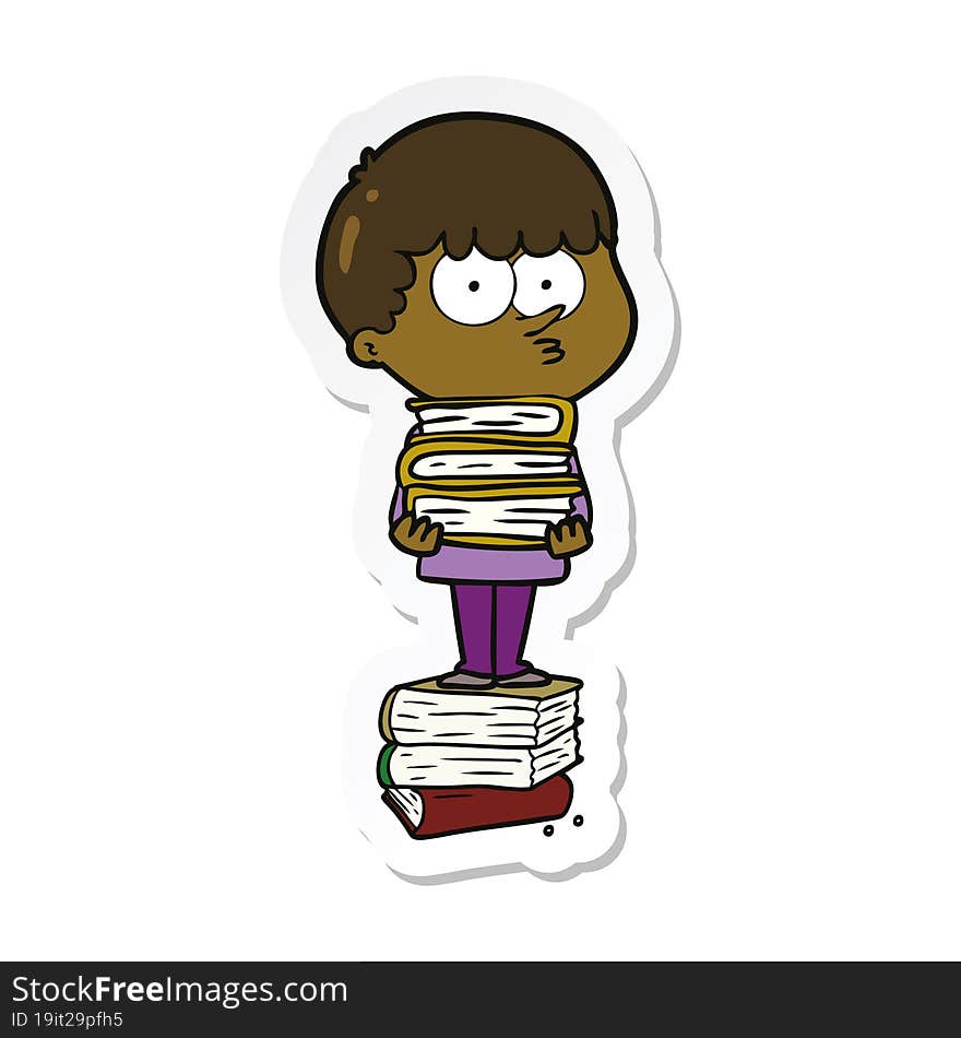 sticker of a cartoon curious boy with lots of books