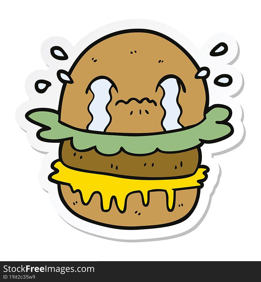 sticker of a cartoon crying fast food burger