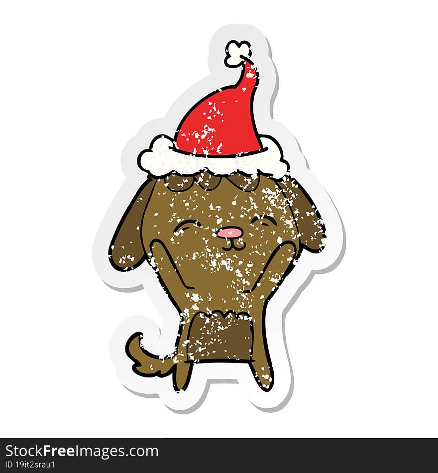 happy distressed sticker cartoon of a dog wearing santa hat