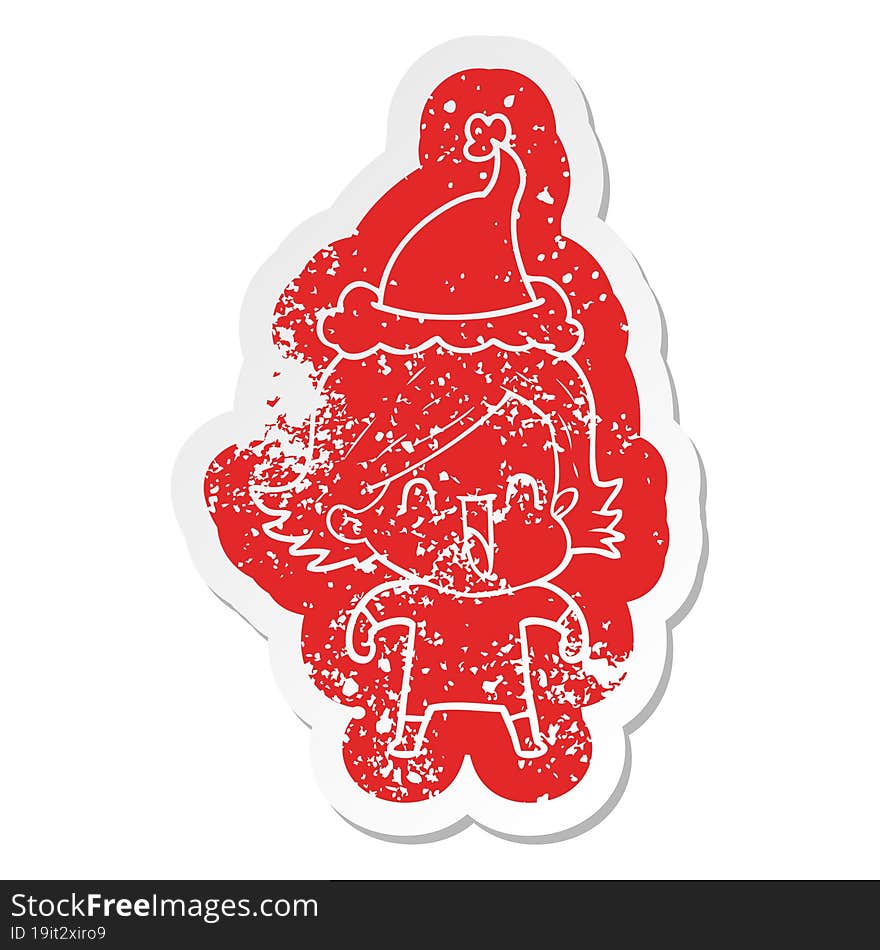 cartoon distressed sticker of a happy woman wearing santa hat