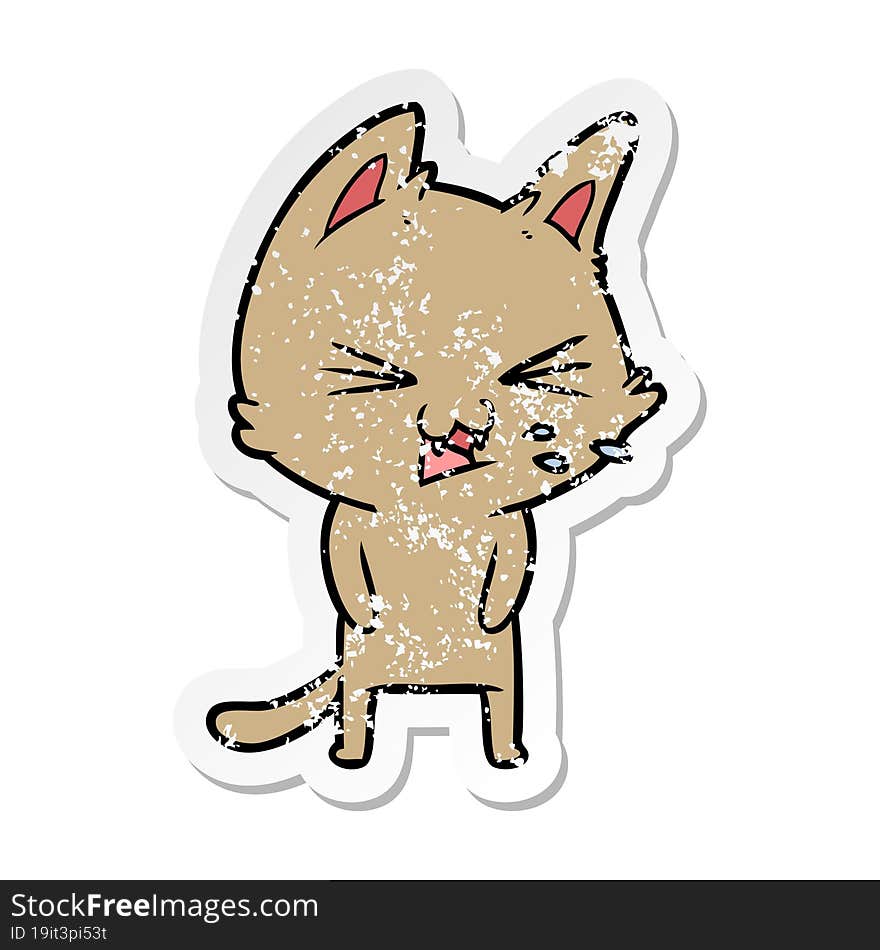 distressed sticker of a cartoon cat hissing