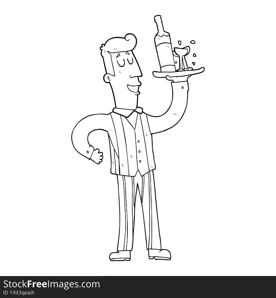 freehand drawn black and white cartoon waiter