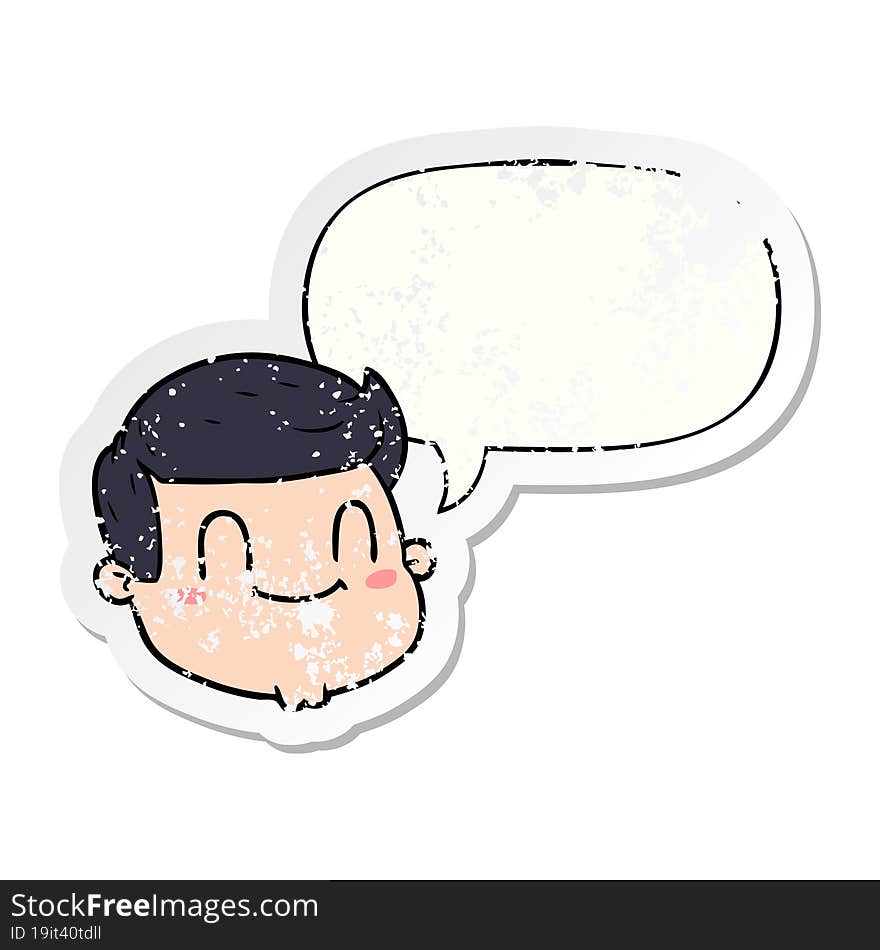 cartoon male face with speech bubble distressed distressed old sticker. cartoon male face with speech bubble distressed distressed old sticker