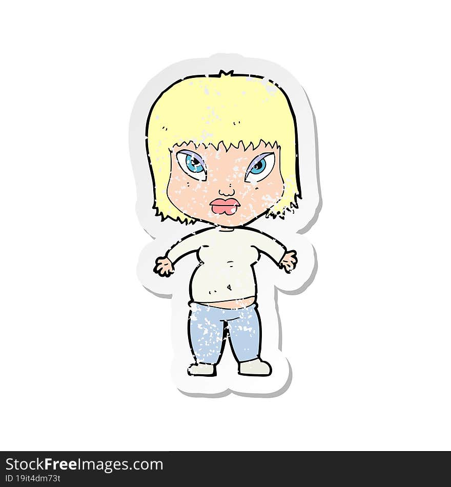 Retro Distressed Sticker Of A Cartoon Overweight Woman