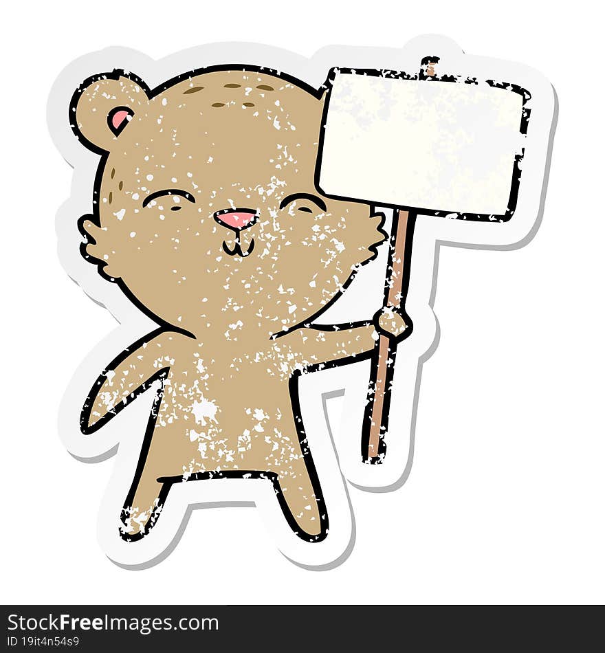 distressed sticker of a happy cartoon bear with sign