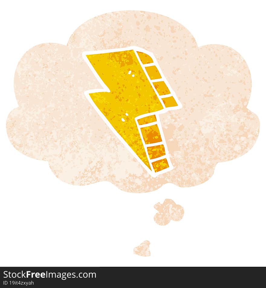 cartoon lightning bolt and thought bubble in retro textured style