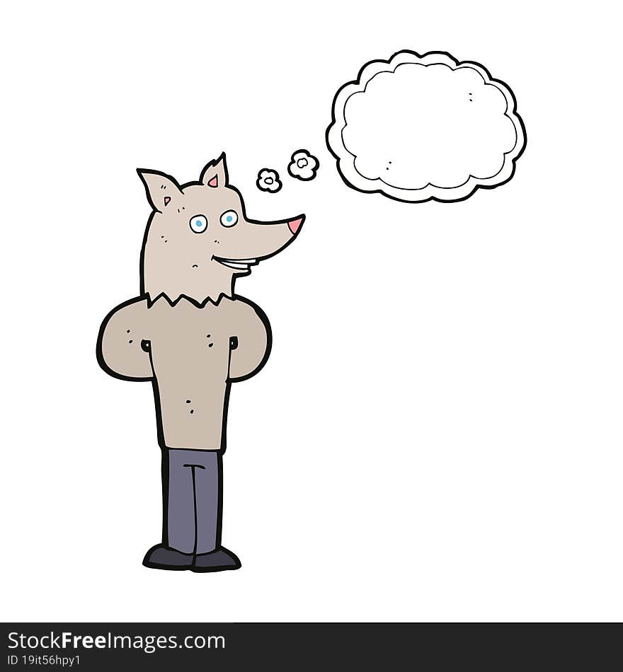 cartoon wolf man with thought bubble