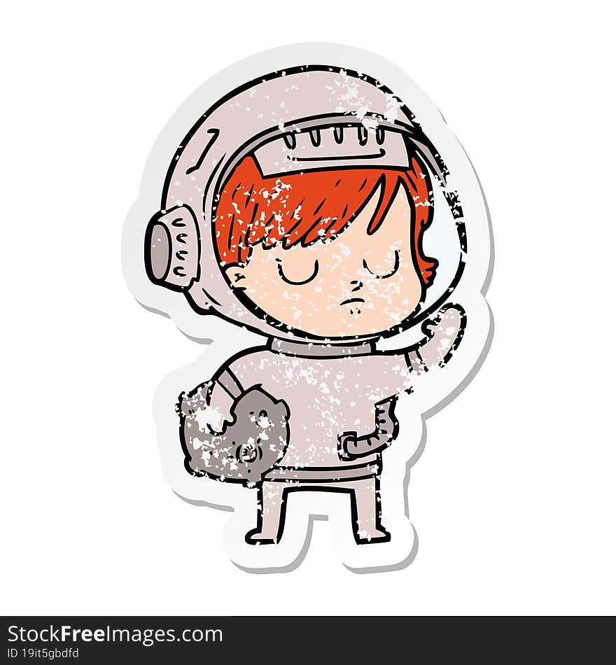 distressed sticker of a cartoon astronaut woman