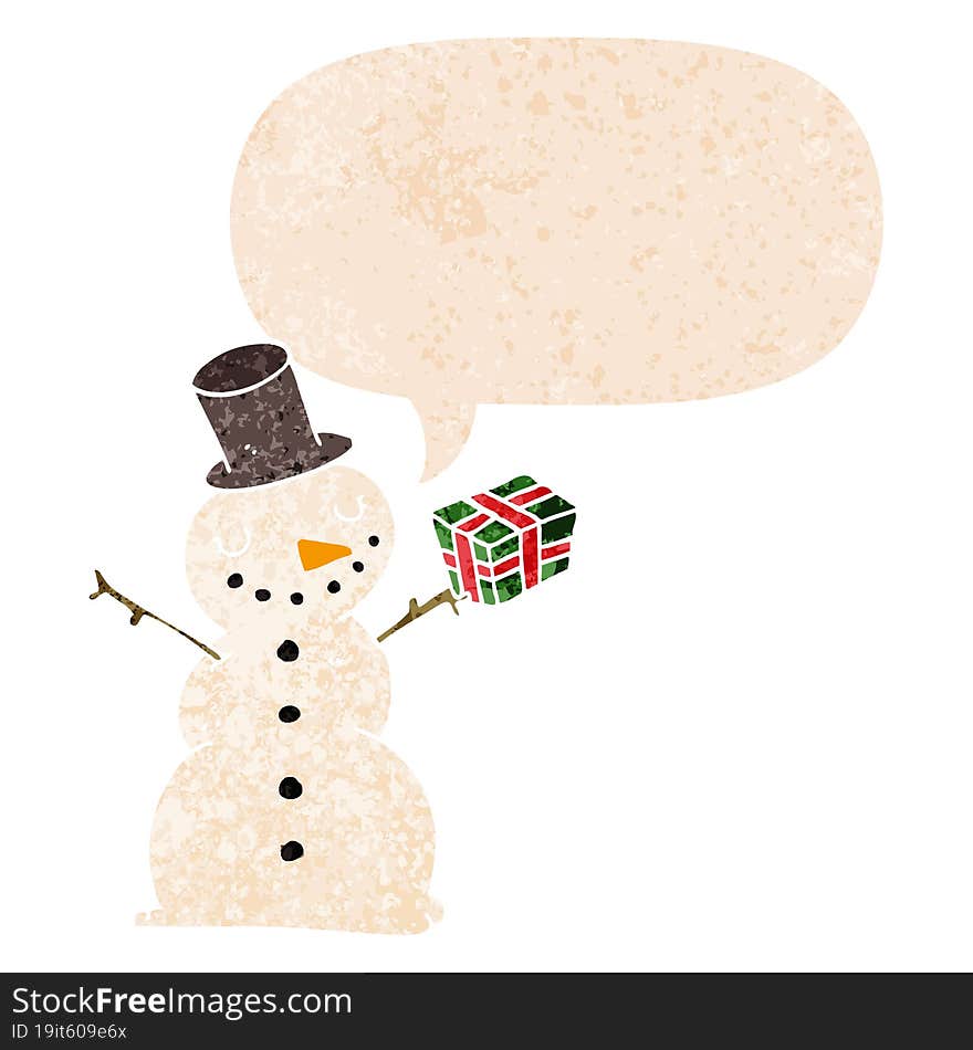 cartoon snowman and speech bubble in retro textured style