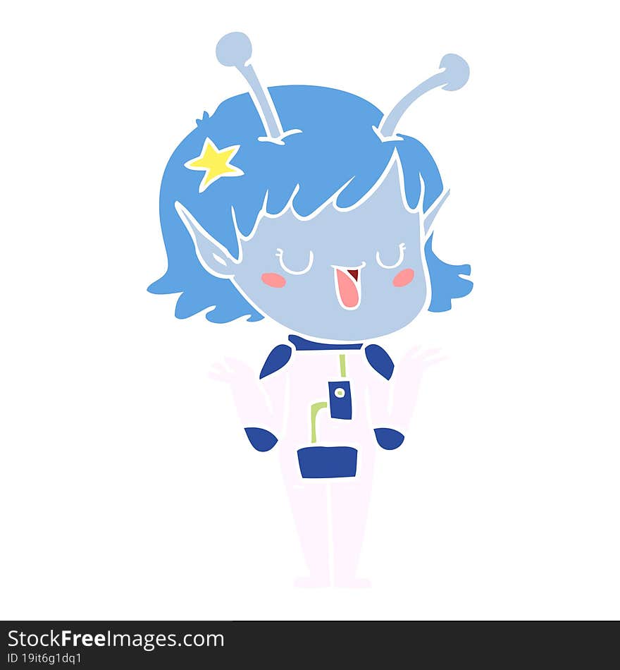 happy alien girl flat color style cartoon