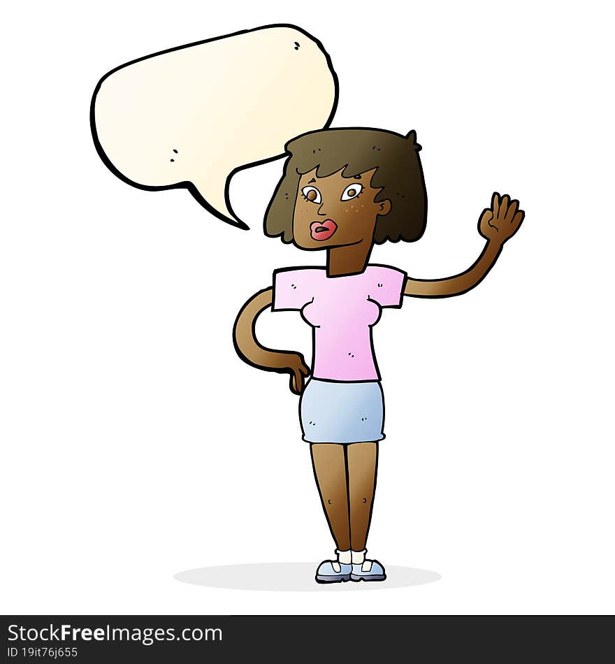 cartoon woman waving with speech bubble