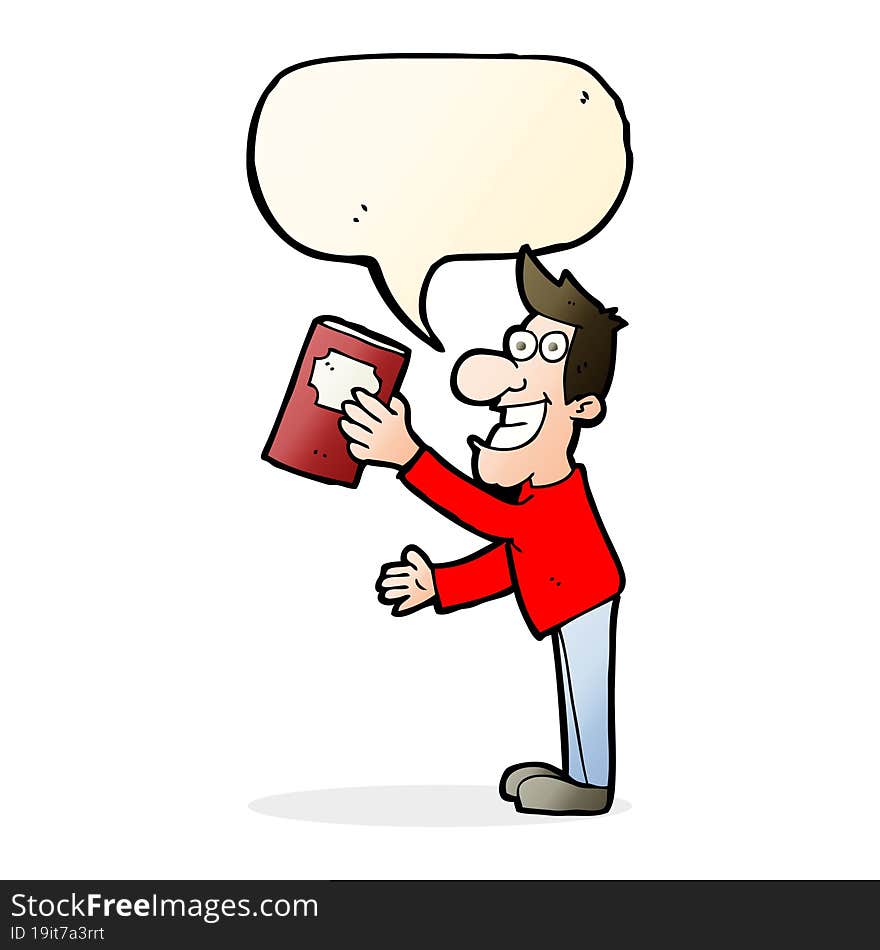 cartoon man with book with speech bubble