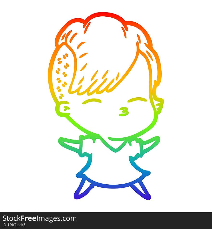 Rainbow Gradient Line Drawing Cartoon Squinting Girl