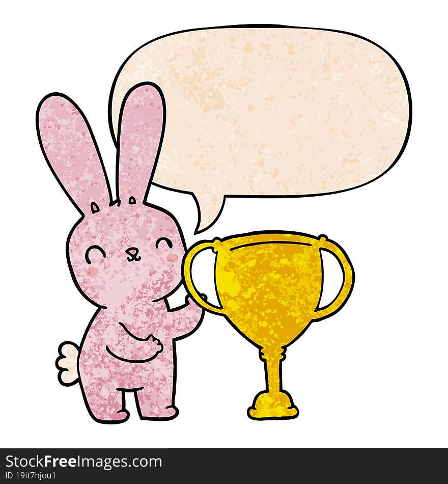 cute cartoon rabbit with sports trophy cup with speech bubble in retro texture style. cute cartoon rabbit with sports trophy cup with speech bubble in retro texture style