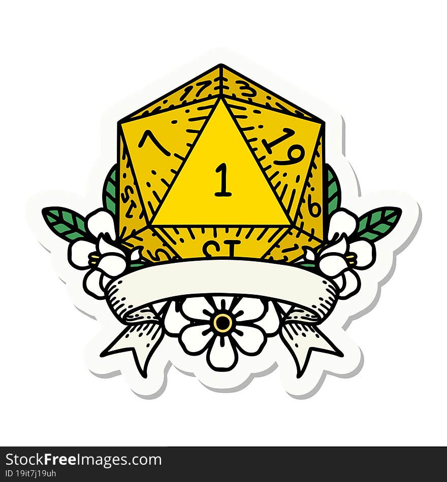 sticker of a natural one d20 dice roll. sticker of a natural one d20 dice roll