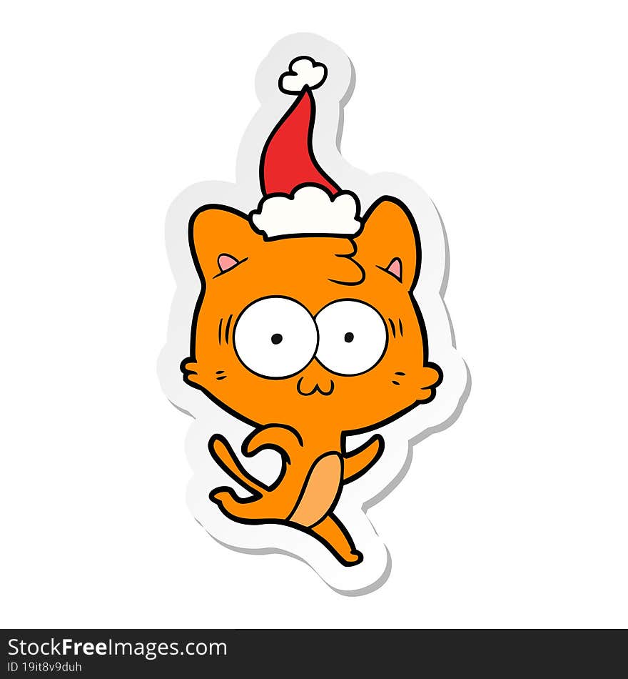 sticker cartoon of a surprised cat running wearing santa hat