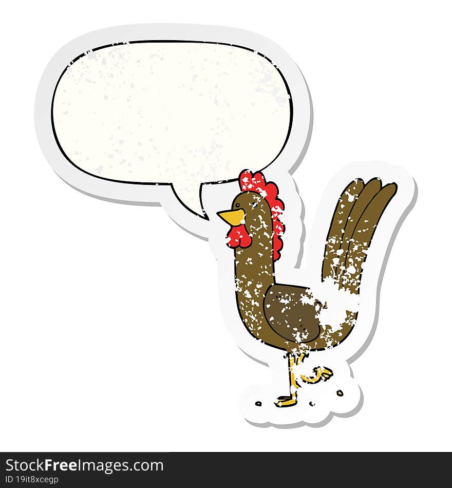 cartoon rooster and speech bubble distressed sticker