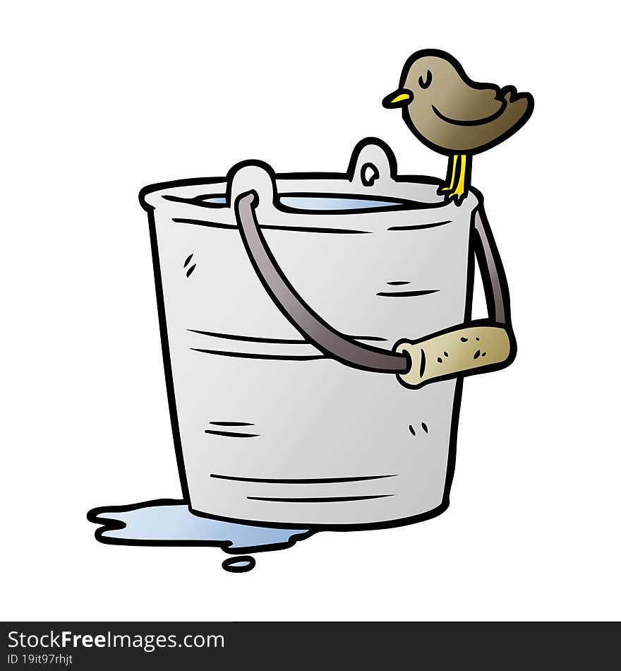 cartoon bird looking into bucket of water. cartoon bird looking into bucket of water