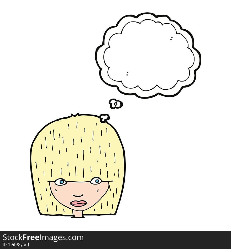 cartoon female face staring with thought bubble