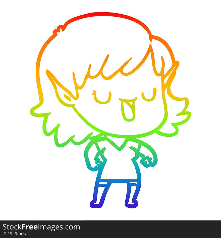 rainbow gradient line drawing of a cartoon elf girl