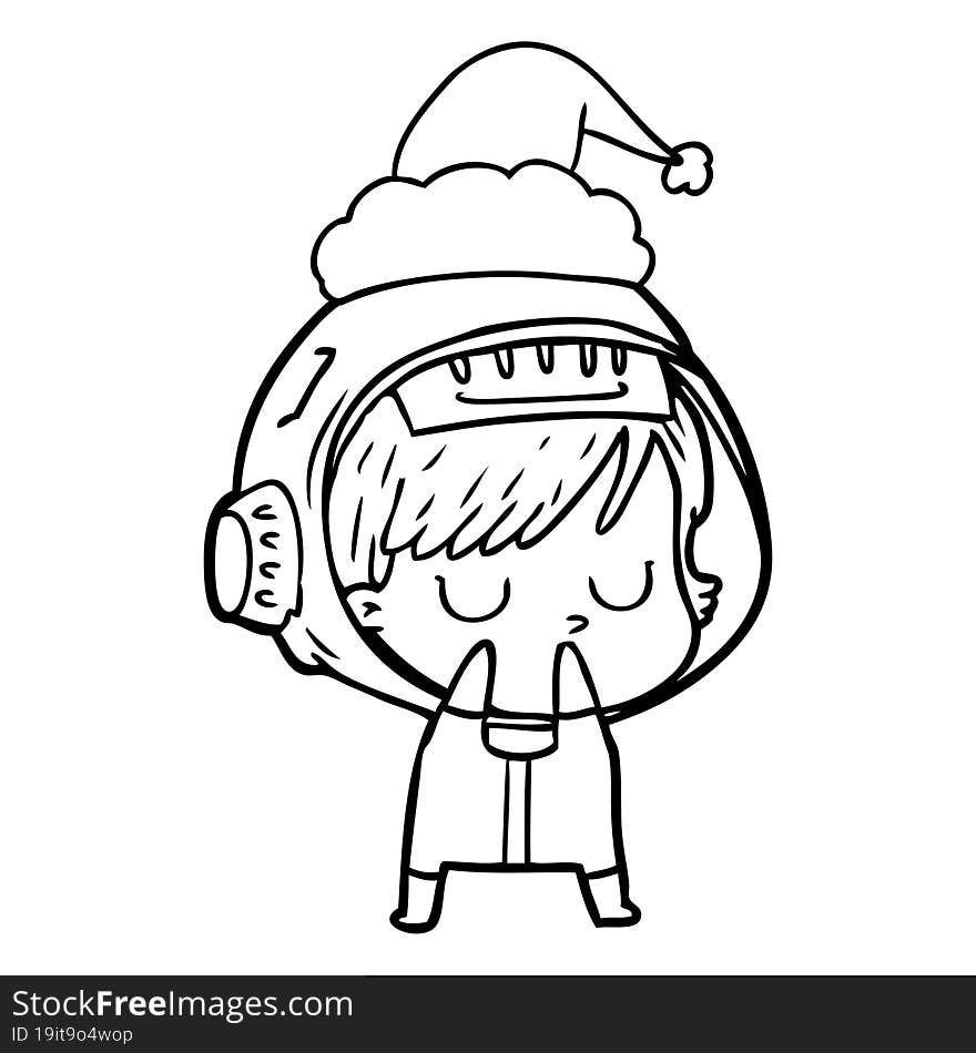 line drawing of a astronaut woman wearing santa hat