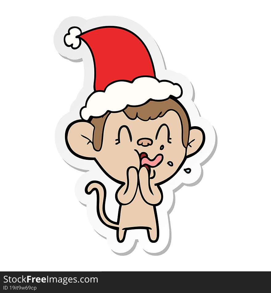 crazy sticker cartoon of a monkey wearing santa hat