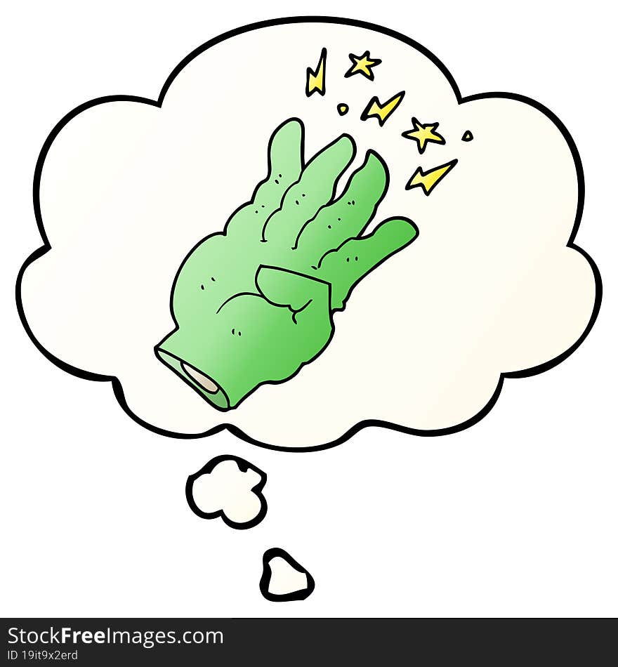 cartoon spooky magic hand with thought bubble in smooth gradient style