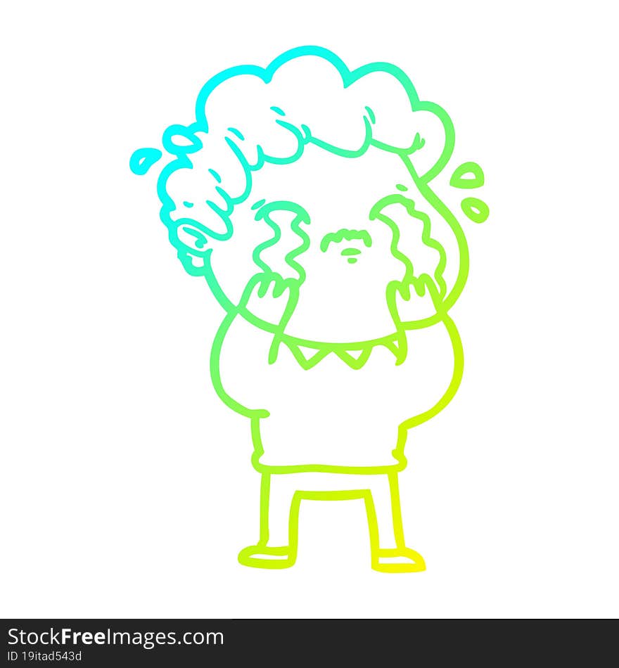 cold gradient line drawing of a cartoon man crying