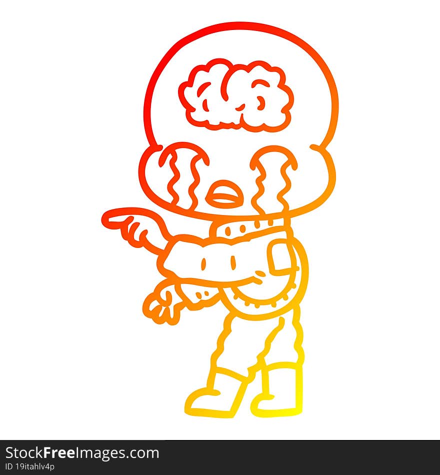 warm gradient line drawing cartoon big brain alien crying and pointing