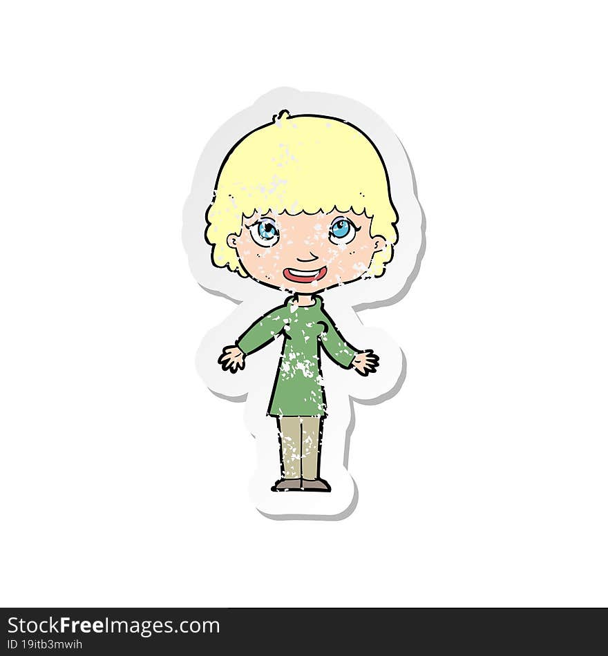 retro distressed sticker of a cartoon happy woman