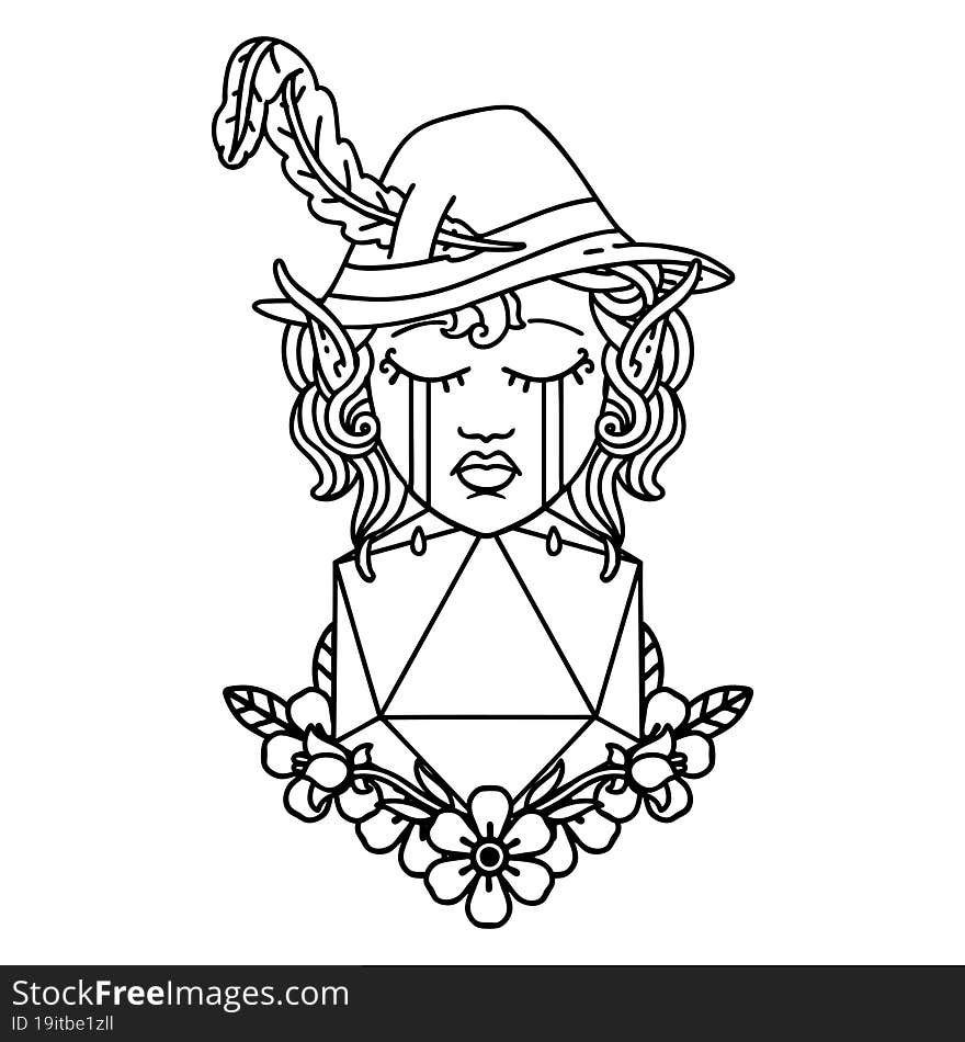 Black and White Tattoo linework Style crying elf bard character with natural one D20 roll. Black and White Tattoo linework Style crying elf bard character with natural one D20 roll