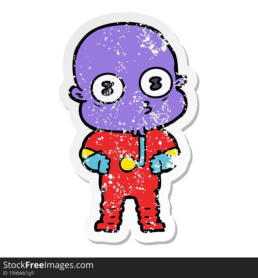 distressed sticker of a cartoon weird bald spaceman