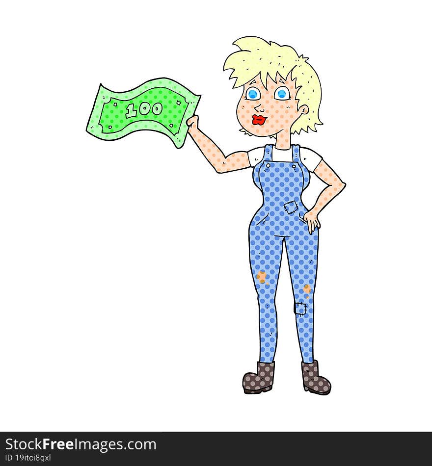 cartoon confident farmer woman with money