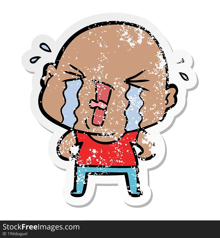 Distressed Sticker Of A Cartoon Crying Bald Man