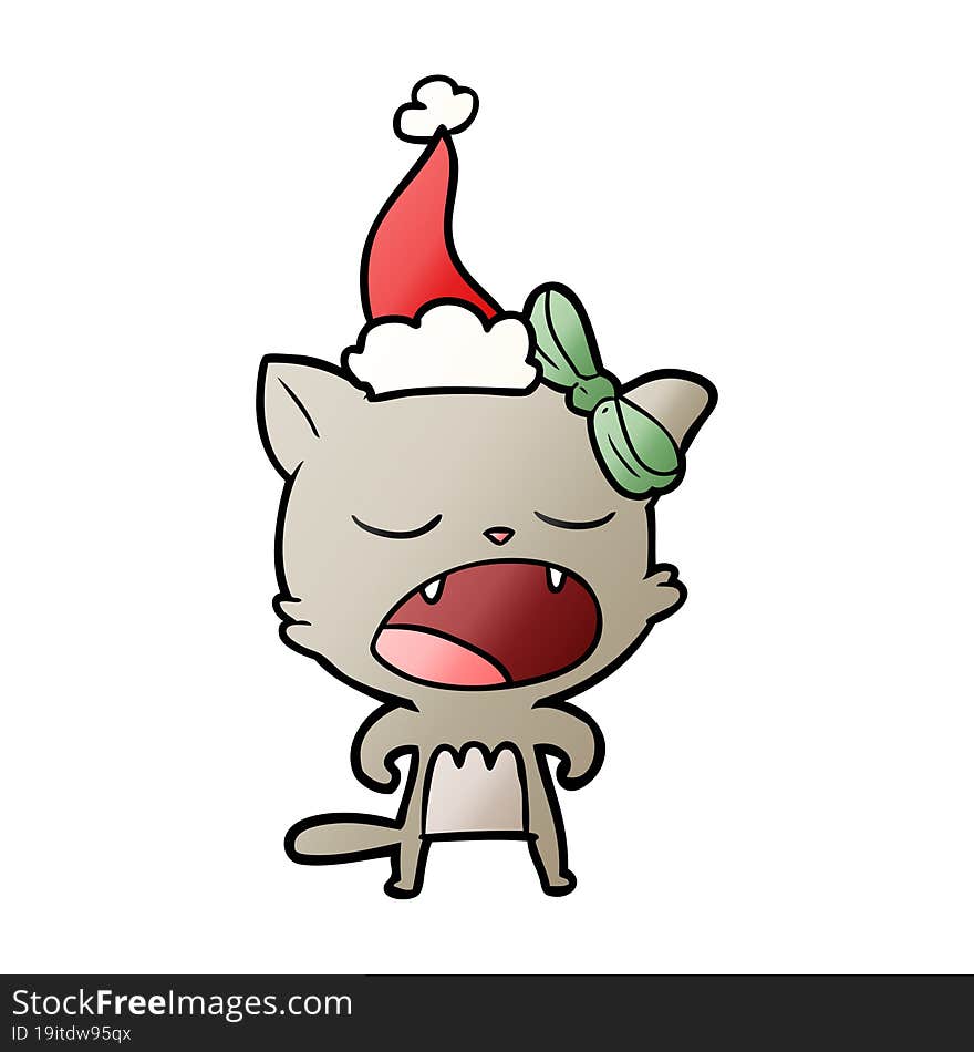 gradient cartoon of a cat meowing wearing santa hat