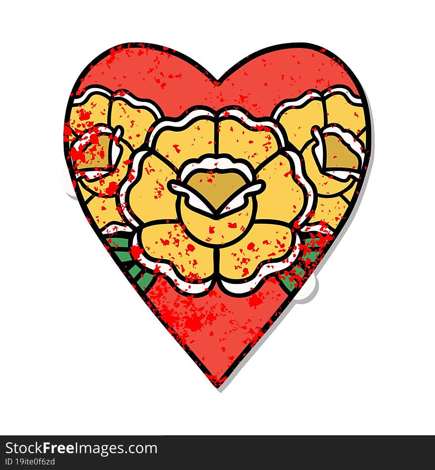 traditional distressed sticker tattoo of a heart and flowers