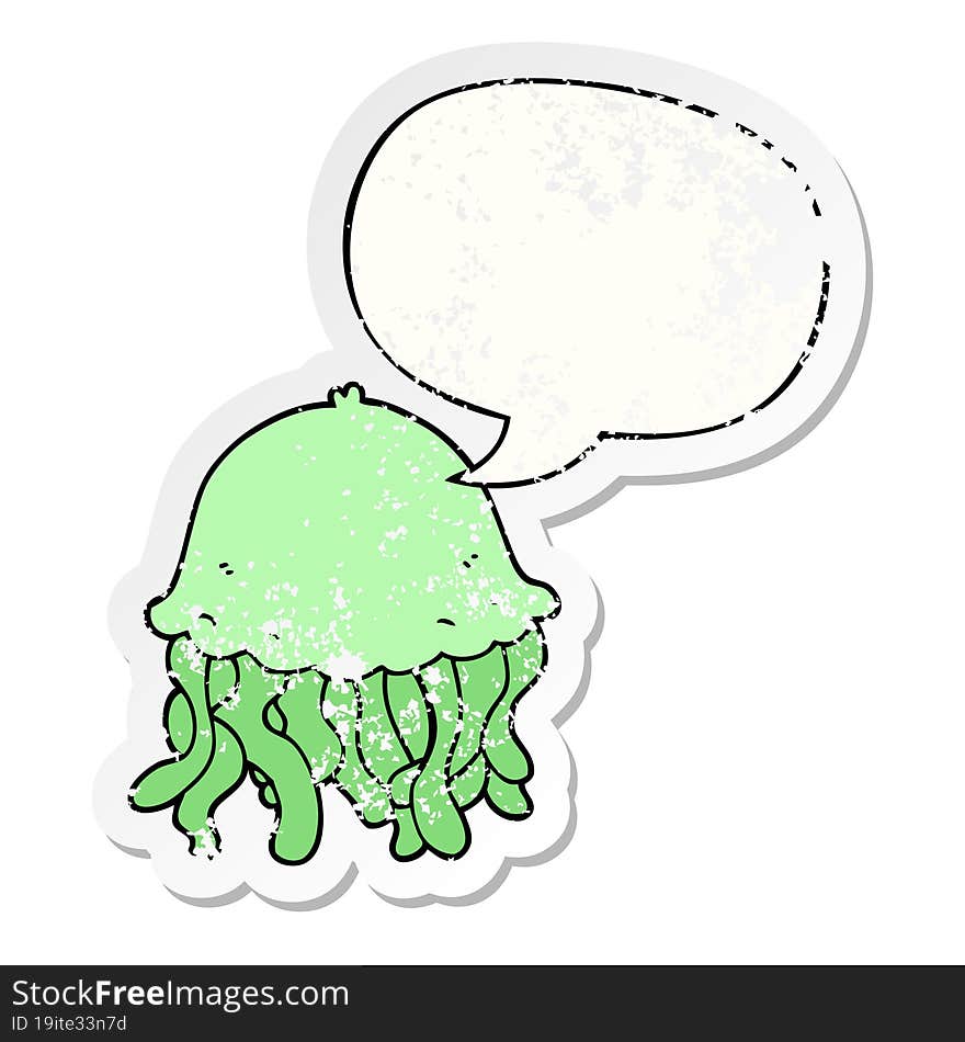 cartoon jellyfish with speech bubble distressed distressed old sticker. cartoon jellyfish with speech bubble distressed distressed old sticker