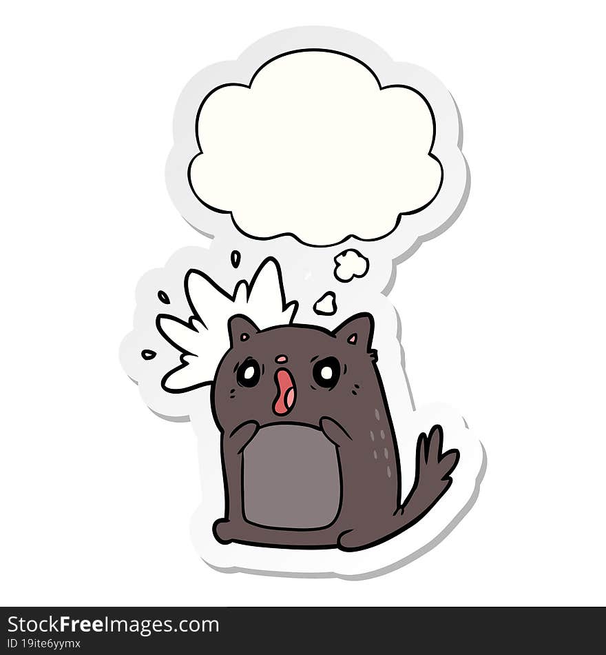 cartoon shocked cat and thought bubble as a printed sticker