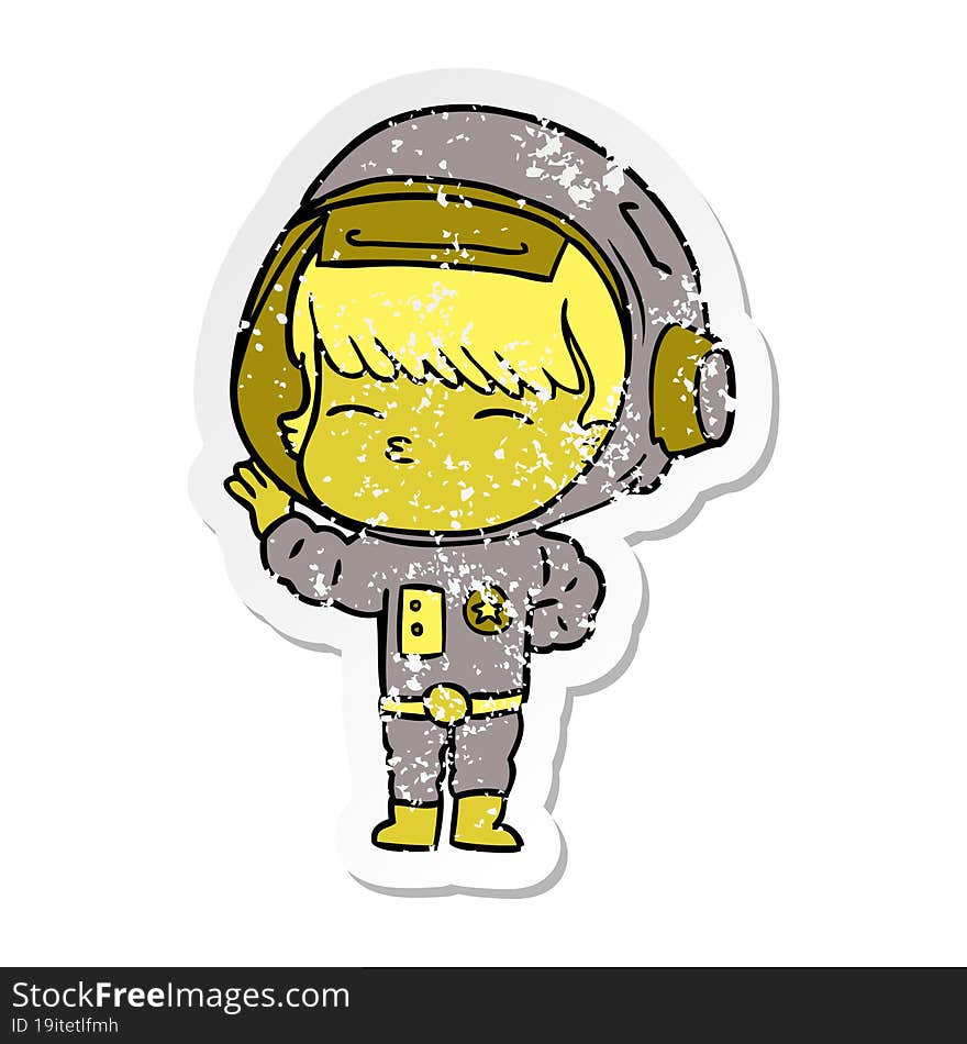 distressed sticker of a cartoon curious astronaut