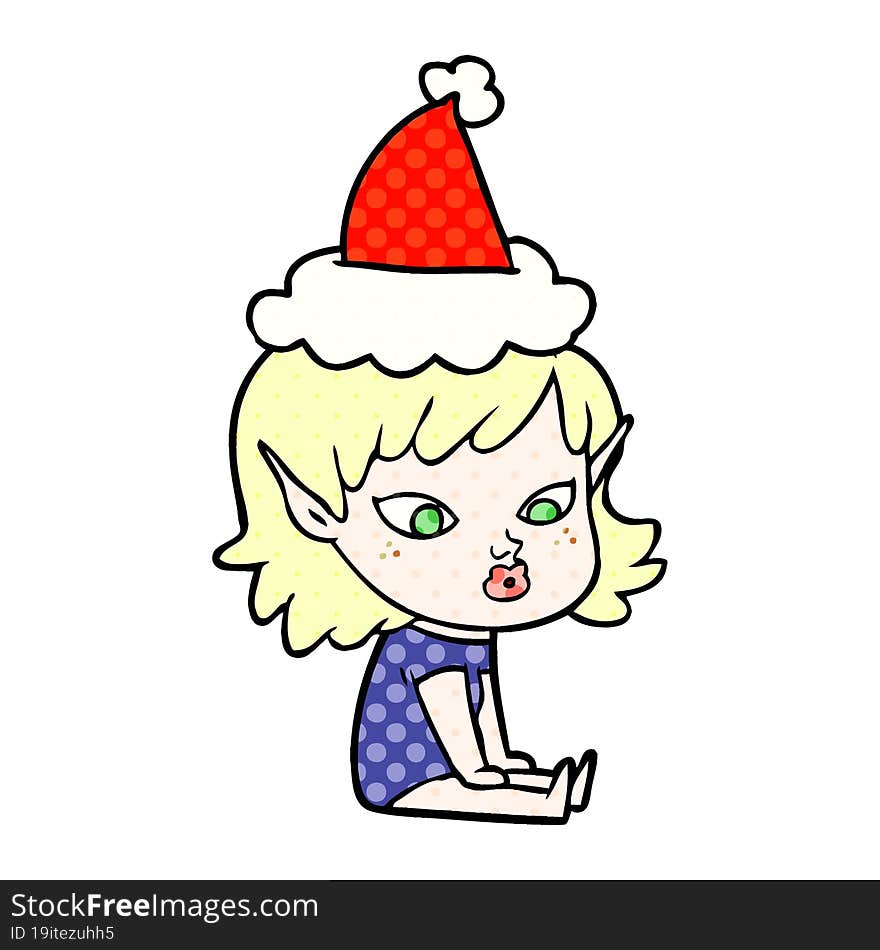 pretty comic book style illustration of a elf girl wearing santa hat