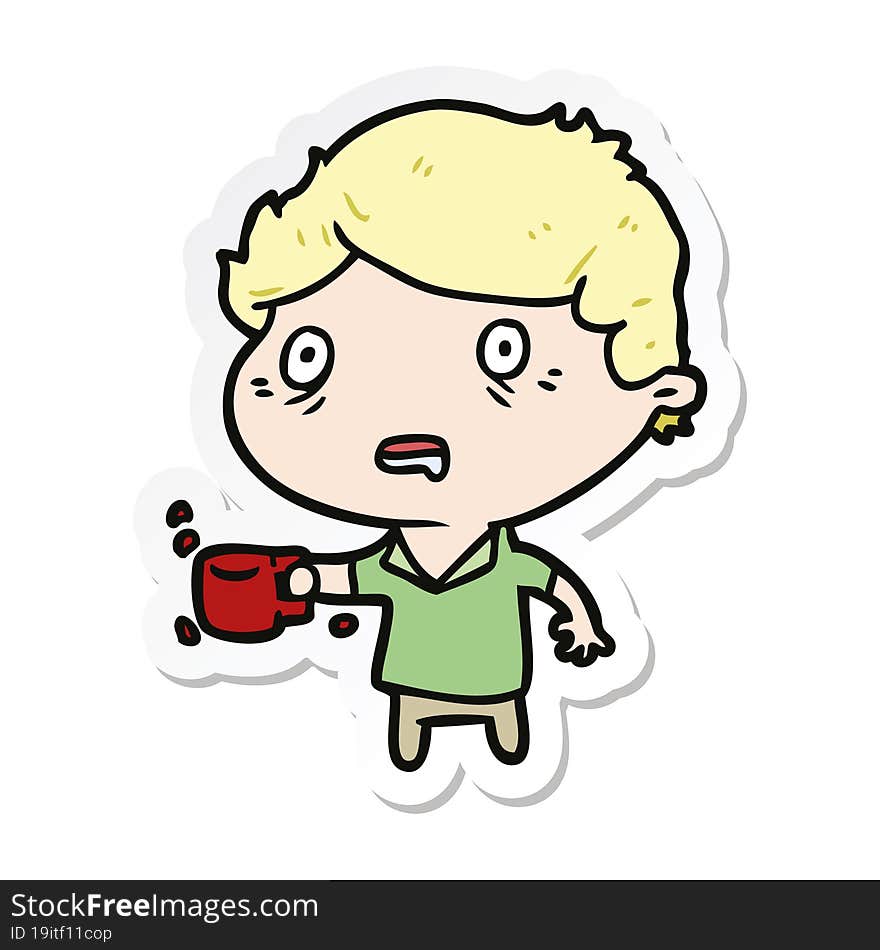 sticker of a cartoon man with cup of coffee