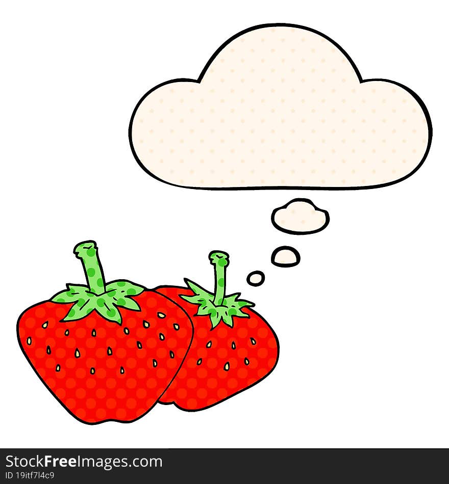 cartoon strawberry and thought bubble in comic book style