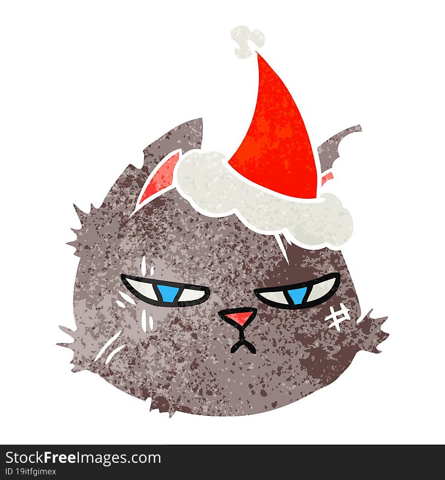 Retro Cartoon Of A Tough Cat Face Wearing Santa Hat