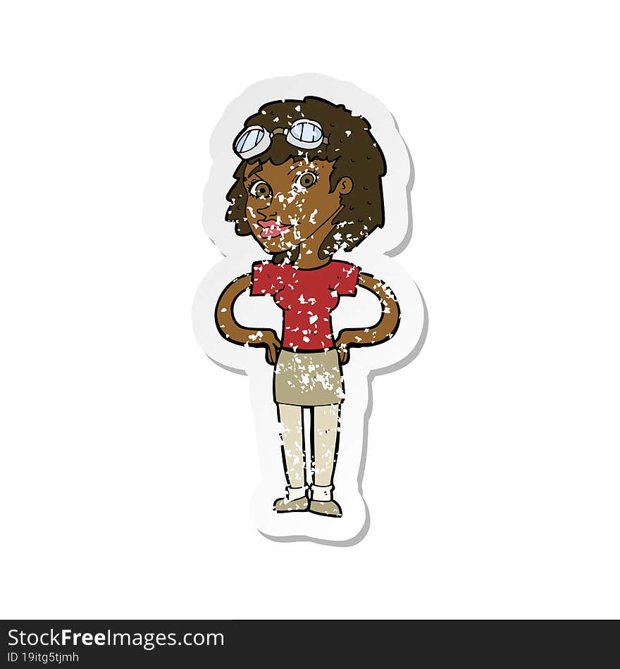 retro distressed sticker of a cartoon retro pilot woman