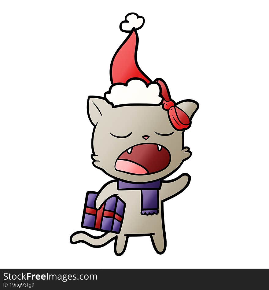 hand drawn gradient cartoon of a cat with christmas present wearing santa hat