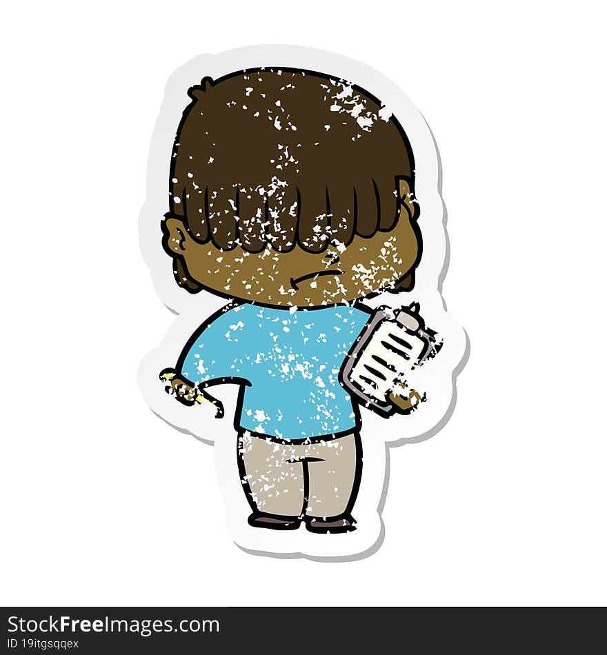 distressed sticker of a cartoon boy with untidy hair